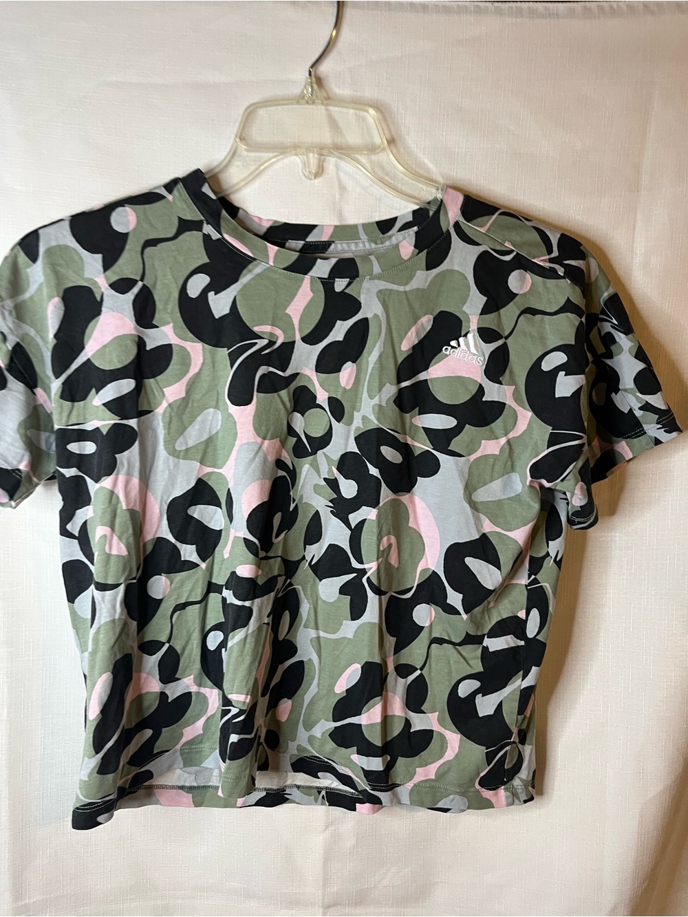adidas Women’s Pink, Green & Black Camo Crop Tee